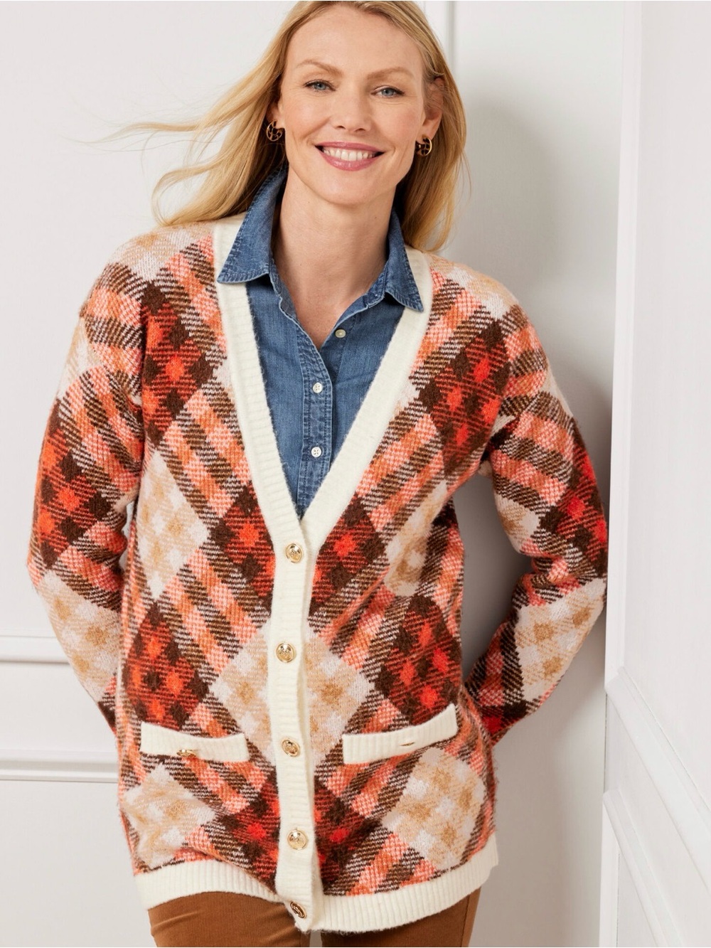 Talbot's V-Neck Statement Plaid Cardigan Sweater